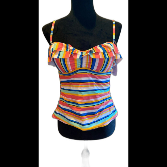 NEW Time and Tru Bikini Swimsuit Top ONLY Size Medium 8-10 Stripes Blue Pink - Picture 1 of 10